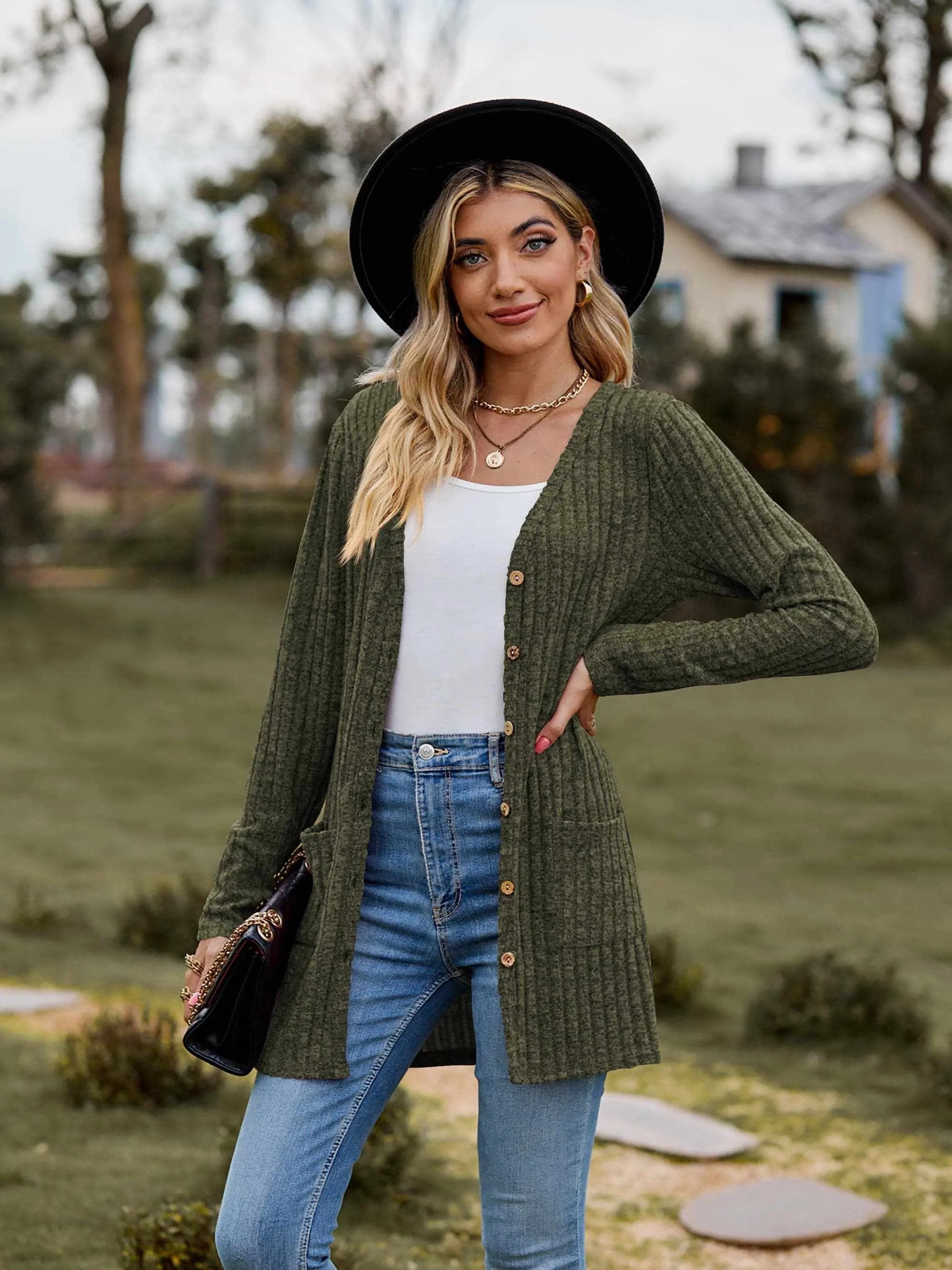 Heathered ribbed cardigan with pockets - Love Salve